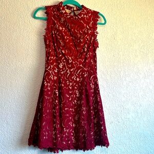 Midi red lace dress, open back.